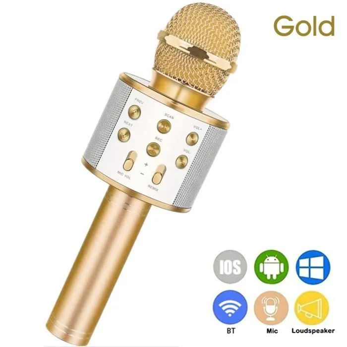 Microphone portable sans fil doré - WS-858 - Karaoké - Haut-Parleur - Selfie - Rechargeable-0