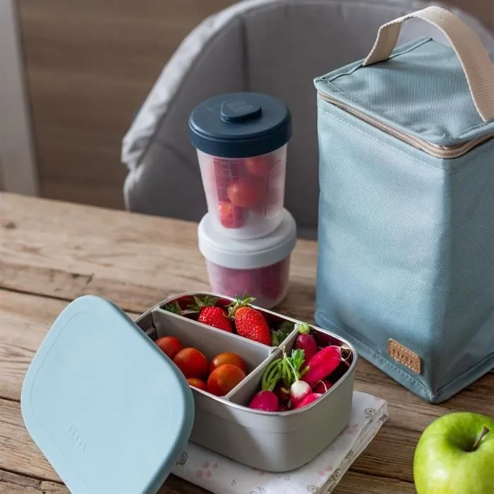 BEABA, Boîte repas enfant en inox, couvercle en silicone et housse de protection, Gris velours et bleu-2