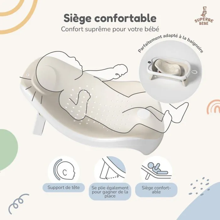 Baignoire bébé pliable - Thermomètre et transat inclus - LEAF - Beige | SUPERBE BEBE-3