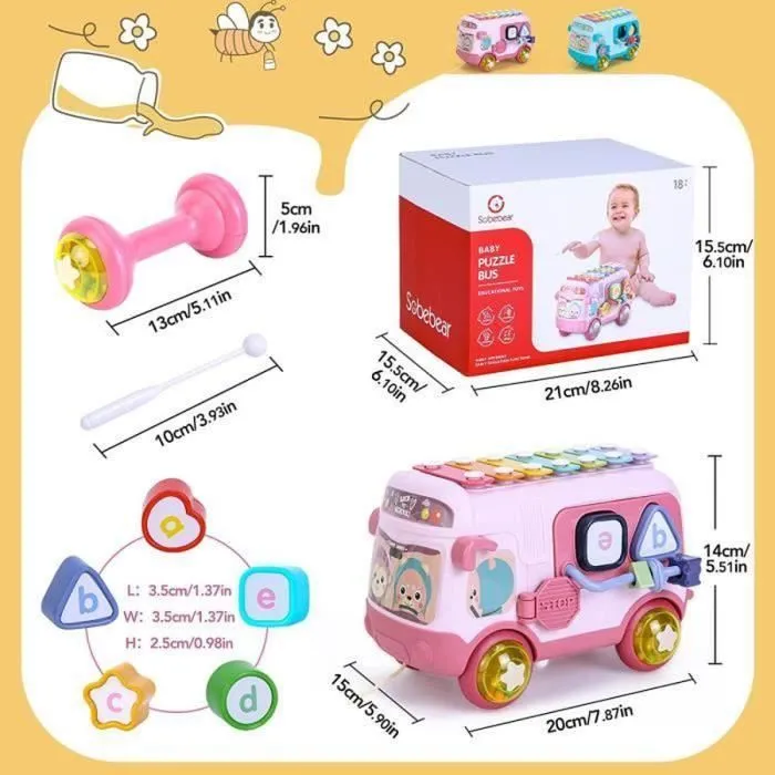 Jouet Musical Bébé,jouet de Bus avec xylophone, Cadeau éducatifs Interactifs pour Petite Enfance,Jouets d'activité Bébé Rampant-Rose-3