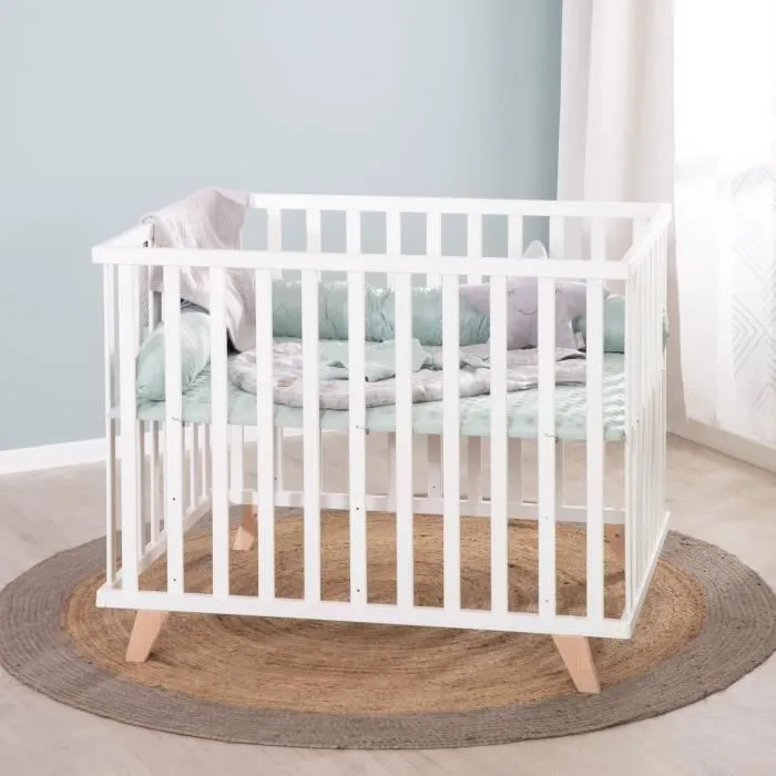 ROBA Parc Bébé 75 x 100 cm en Bois Massif Bio + Tapis Lil Planet Certifié OEKO-TEX - Hauteur Réglable - Blanc - Vert Givré-3