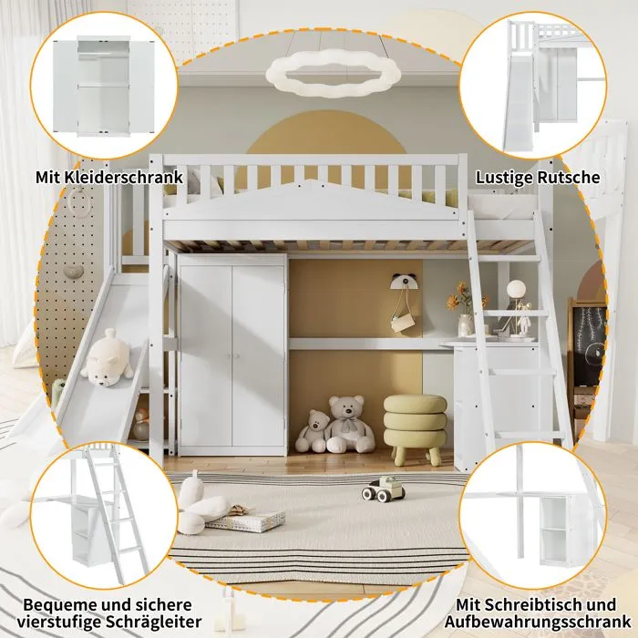 Lit mezzanine - Enfant - 90x200cm - Blanc - Toboggan - Bureau et armoire intégrés-2