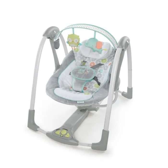 INGENUITY Balancelle Compacte Swing and Go Hugs & Hoots- Arche avec jouets amovible, 5 vitesses de balancement, mélodies-0