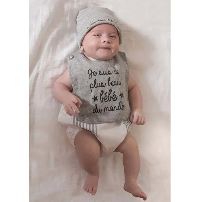 Bavoir bébé personnalisé Je suis le plus beau bébé du monde 0 à 18 mois Gris chiné-1