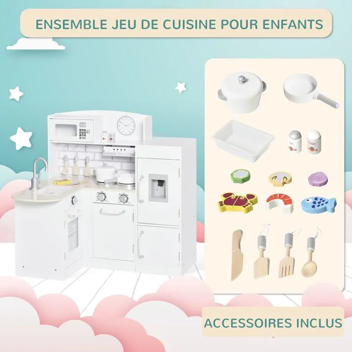 Cuisine bois jeu d'imitation - cuisine enfant - nombreux accessoires & rangements inclus - MDF pin blanc-5