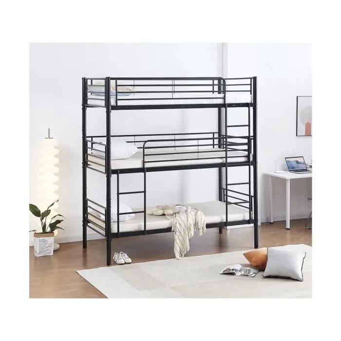 Lit superposé en métal triple "HAVIN" - 90 x 190 cm - Noir-1