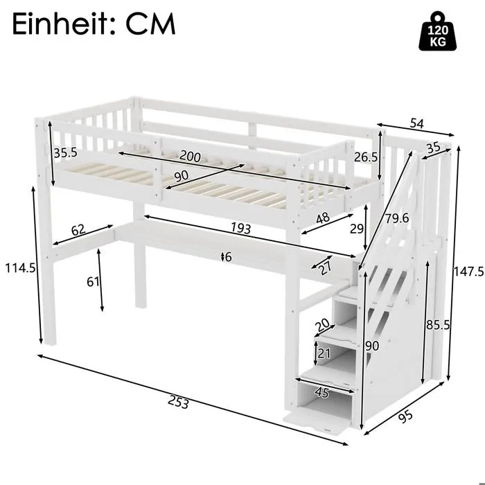Lit mezzanine - Blanc - 90x200cm - Bureau intégré - Escalier avec rangement - 1 place-3