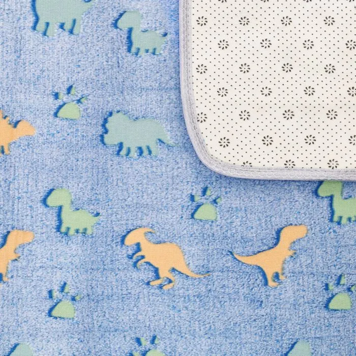 Tapis chambre d'enfant lumineux 100x160 cm - tapis enfant tapis de jeu fluo tapis câlin tapis dino lavable Dinosaure bleu-1
