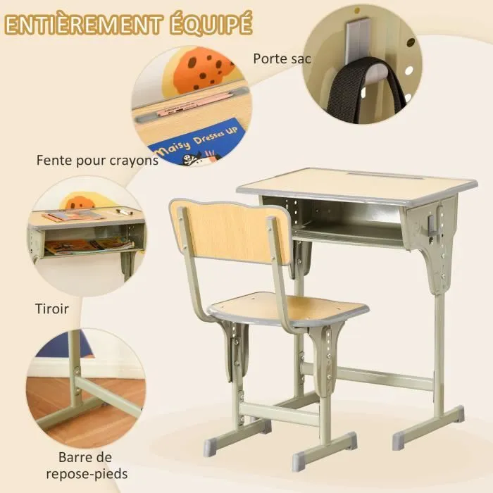 Bureau enfant Vintage style pupitre d'écolier - ensemble bureau et chaise réglable - case de rangement, bracket, range-stylos-3