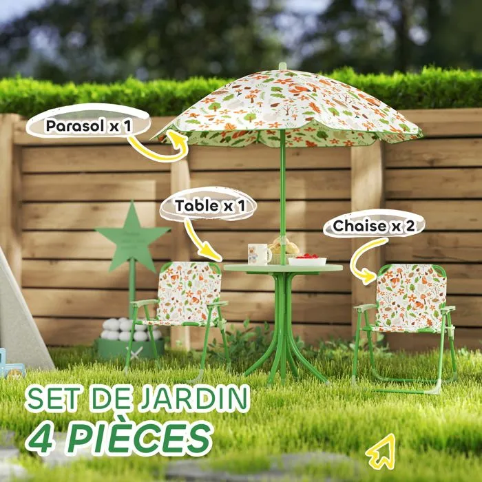 Ensemble salon de jardin extérieur enfant - AIYAPLAY - motif éléphant et girafe, parasol réglable Ø 100 cm, chaise pliable - vert-4