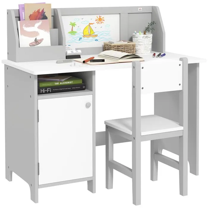 Ensemble table et chaise pour enfant - HOMCOM - avec tableau blanc - bureau pour enfant +5 ans 90L x 45l x 85H cm Gris-0