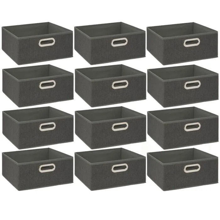 Toilinux - Lot de 12 Boites de rangement en tissu l.31 x h. 15 cm - Gris foncé chiné-0