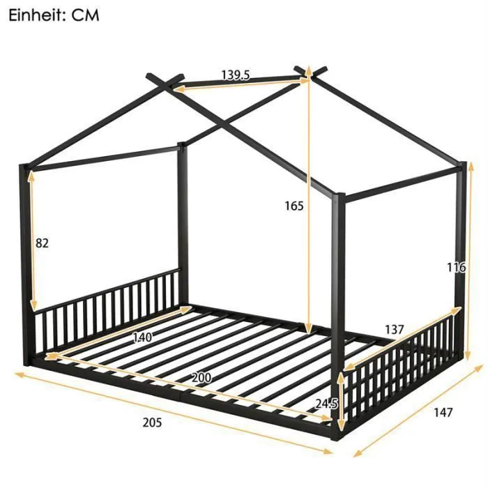 Lit cabane - DREAMMESPACE - 140x200cm - Métal noir - Design enfant - Sommier inclus-3