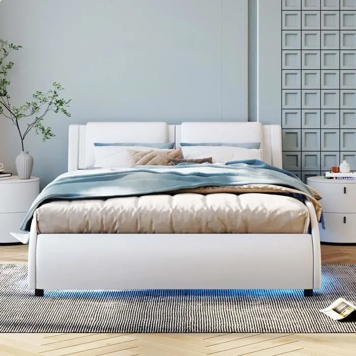 MODERNLUXE Lit adulte 140x200cm, lit double avec LED, sommier à lattes, matériaux bois et simili cuir, Forme du lit space, blanc-1