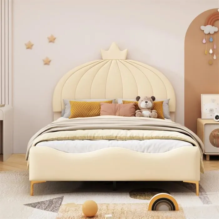 Lit enfant - DREAMMESPACE - 140x200cm - Simili cuir beige - Tête de lit citrouille - Sommier à lattes-0