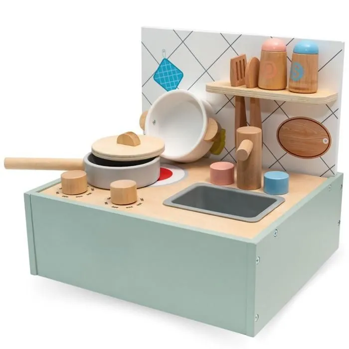 Cuisine Enfant Pliable Portatif en bois avec accessoires - mini cuisine avec Poignée de Transport Pratique-  Facile à Rangerpliable-0