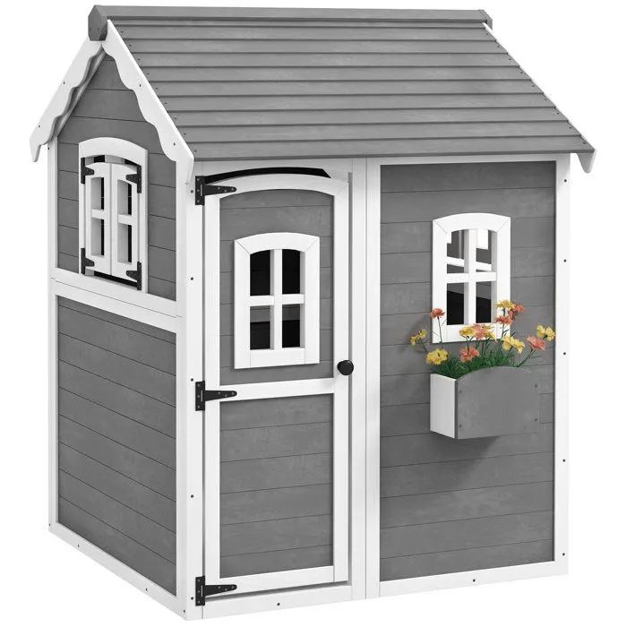 Cabane enfant extérieur Outsunny maison enfant extérieure, avec porte, fenêtres, bac à plantes, plancher - en bois gris-0