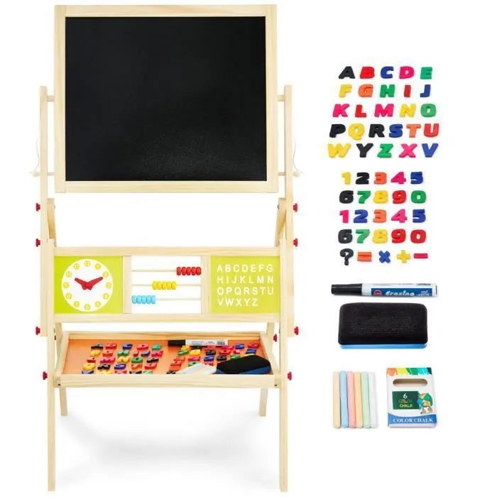 Mamabrum Tableau Enfant en Bois 98 x 45 x 42 cm Face Magnétique avec Marqueur + Tableau Noir à Craie - Horloge et Boulier - Chevalet-0