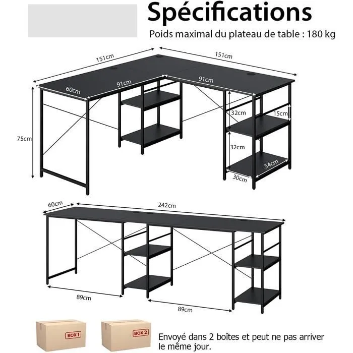 COSTWAY Bureau d'Angle - 151 x 151 x 75 CM - Ajustable à Bureau Droit,4 Etagère de Rangement,Grand Table pour 2 Personnes Noir-3