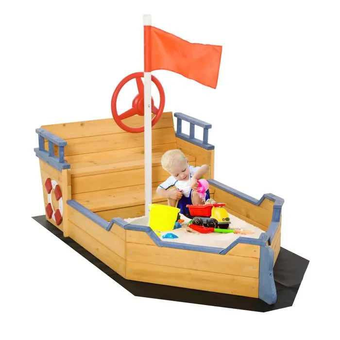 Bac à sable forme de bateau pirate - Outsunny - boîte à sable pour enfant - gouvernail drapeau rouge 2 marches - espace de rangement-0