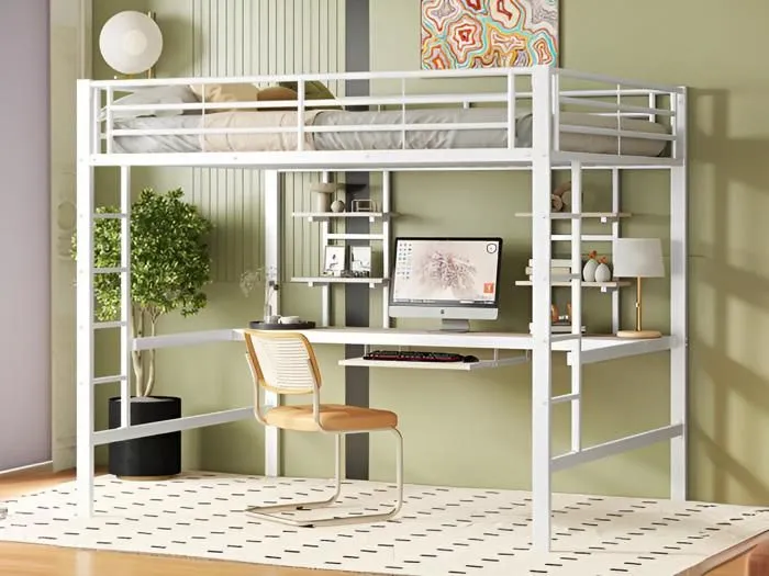 Lit mezzanine 140x200cm - avec bureau et étagères - cadre en métal - Blanc-0