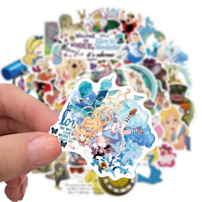 50pcs -Autocollants du film Disney Alice au pays des merveilles, étiquette étanche, Skateboard, guitare, bagage, ordinateur portable-3