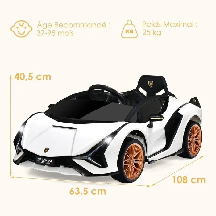 Voiture électrique Lamborghini SIAN pour enfants 3-8 ans - COSTWAY - Blanc - MP3, USB, Radio, Télécommande 2.4G-5