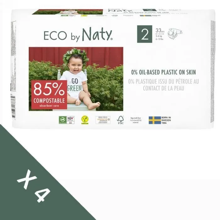 Couches écologiques NATY - Taille 2 Mini 3-6 kg 132pcs - Sans parfum, sans chlore, sans allergènes-0
