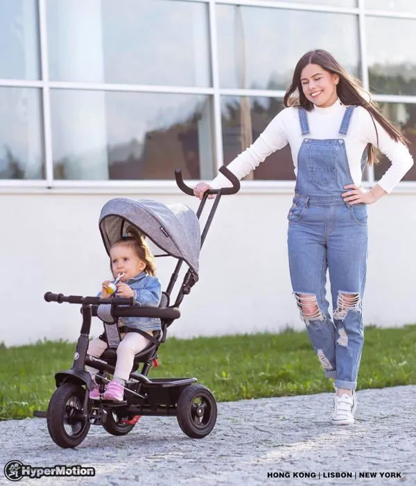 Tricycle Evolutif Enfant Gris- Hypermotion- 1 à 20 kg, Vélo Bébé avec Poignée, Poussoir, Pédales, Siège Réversible, Panier Sac-1