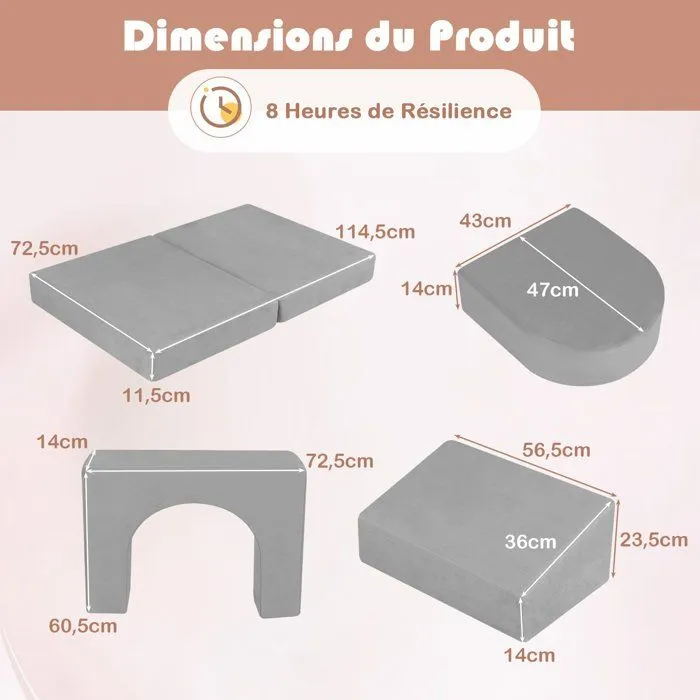 COSTWAY Canapé Bebe Modulaire pour Enfants 8 Pièces Convertible en Mousse, pour Grimper et Ramper, Tissu en Daim Confortable Gris-5