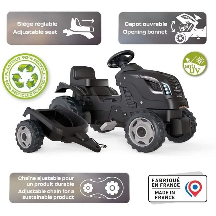 Tracteur à pédales Farmer XL + Remorque - SMOBY - Noir - 90% Plastique recyclé- Siège ajustable - Capot ouvrant - Volant avec-2