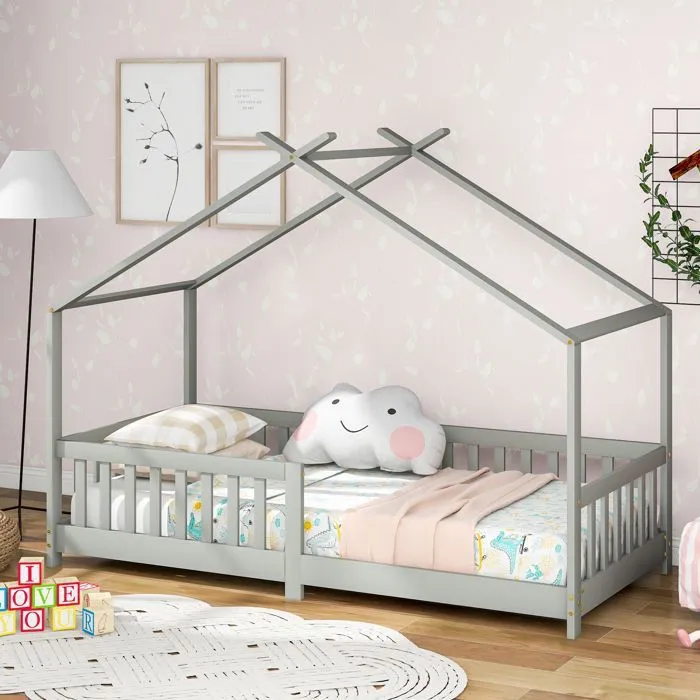 Lit cabane pour enfant - LIBERTÉ - Gris - Bois massif - sommier à lattes-5