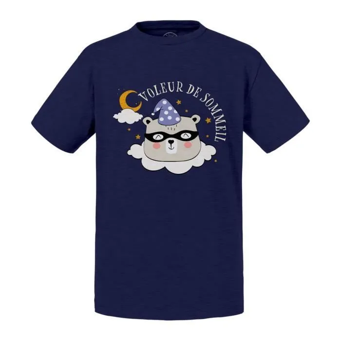 T-shirt Enfant Bleu Voleur de Sommeil Dessin Illustration Animaux-0