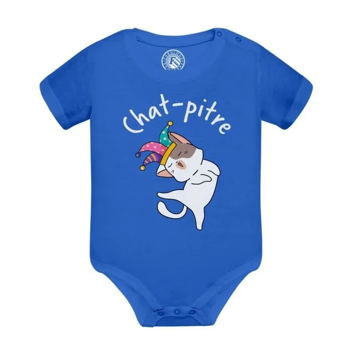 Body Bébé Manche Courte Bleu Chat pitre Chaton Humour Jeu de mot Dessin-0