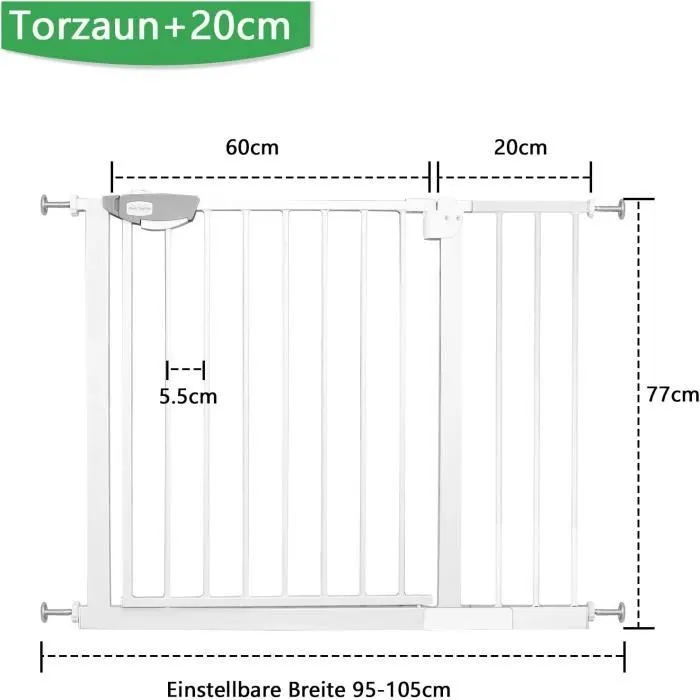 XMTECH Barriere de Securite, Longueur réglable dim.95-105 cm, Ouverture Double Sens -sans perçage, blanc, pour enfants et animaux-1
