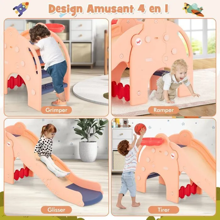 Toboggan 4 en 1 COSTWAY avec Panier de Basket, Ball, Escalade et pompe à ball - Jeu Intérieur-Extérieur Enfant dès 18 Mois Rose-2