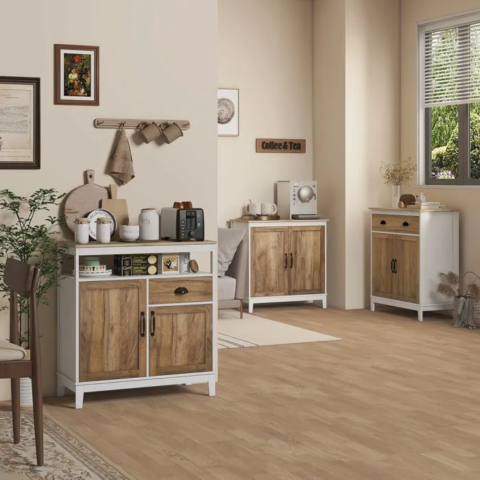 Buffet cuisine - HOMCOM - 2 portes - avec 1 tiroir, étagère ajustable, compartiment ouvert - 76,6 x 35 x 81,5 cm - chêne brun-1