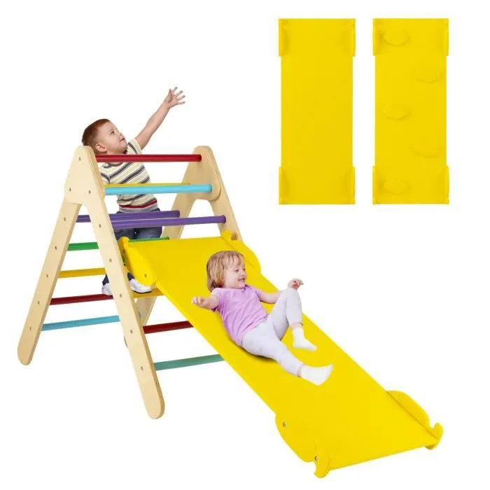 COSTWAY 3 en 1 Triangle d'Escalade Enfant en Bois, Rampe Double Face à Angle Réglable pour Grimper et Glisser, Multicolore-0
