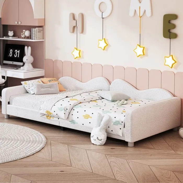 Lit-canapé pour enfants - Blanc - 90x200 - MDF - Velours - 120 kg de charge-0