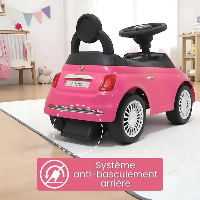 DEVESSPORT Porteur Fiat 500 Rose. Licence Officielle. Volant Klaxon & Sons. Rangement. Anti-Bascule. 12-36 Mois.-5