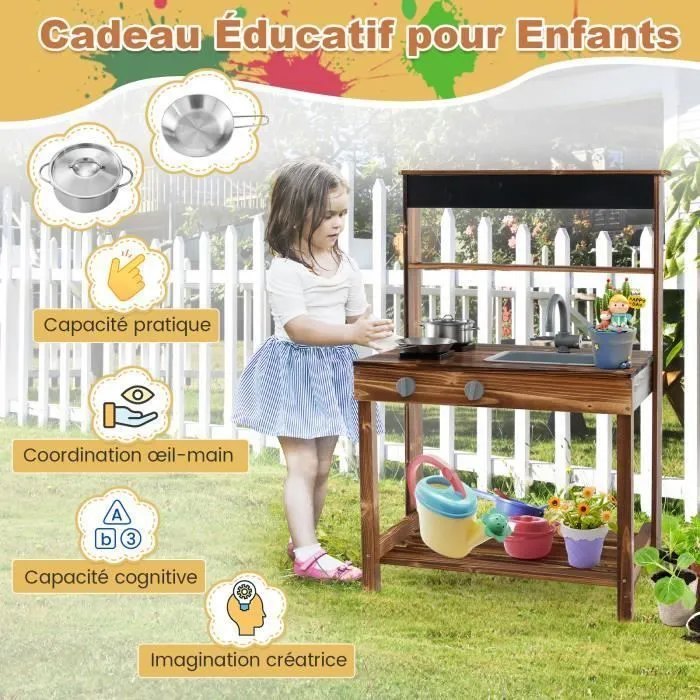 Cuisine Enfant Extérieure en Bois de Sapin - COSTWAY - 2 Accessoires - Robinet et évier réalistes-2