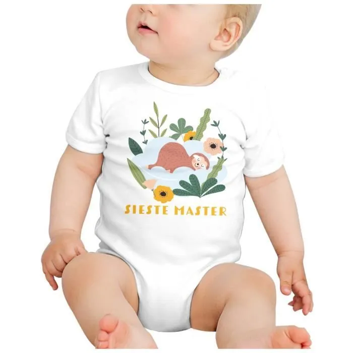 Body Bébé Manche Courte Blanc Paresseux Sieste Master Dessin Illustration-1