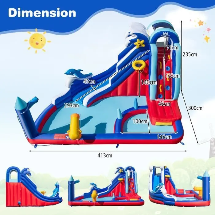 COSTWAY Château Gonflable avec Piscine 6 en 1 pour Enfants, Parc Toboggan Aquatique avec Canon à eau, 413 x 300 x 235 cm-3