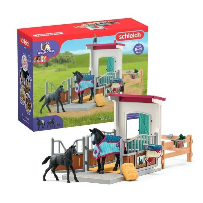 Box pour cheval avec jument et poulain, coffret schleich avec 34 éléments inclus dont 2 chevaux schleich, coffret figurines pour-0