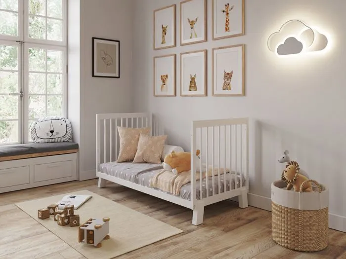 Lit Bébé Evolutif Convertible 140 x 70cm blanc, Lit d'enfant en bois 3 EN 1, 3 Niveaux de Réglage de la Hauteur-3