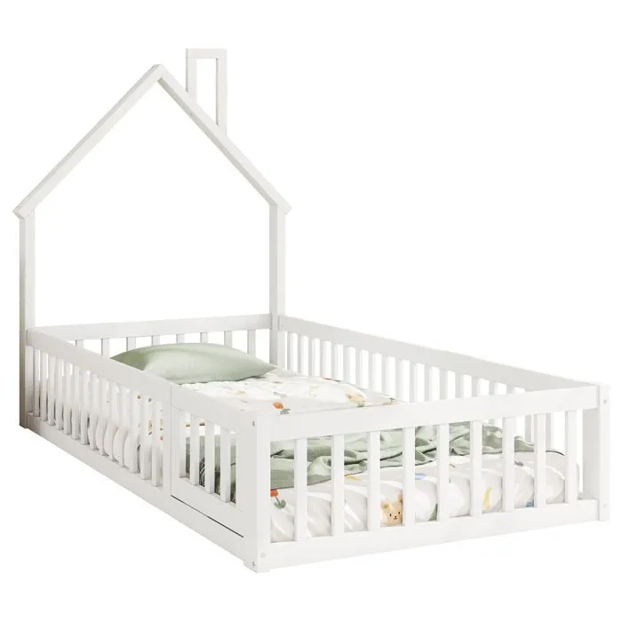 Lit enfant 90x200cm - Lit cabane - en bois massif - avec sommier à lattes - Blanc-4