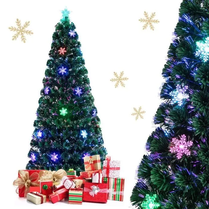 COSTWAY Sapin de Noël Artificiel LED Lumineux 180CM Fibre Optique Couleur Lumière Variable avec Etoile de Cime Décoration de Neige-0
