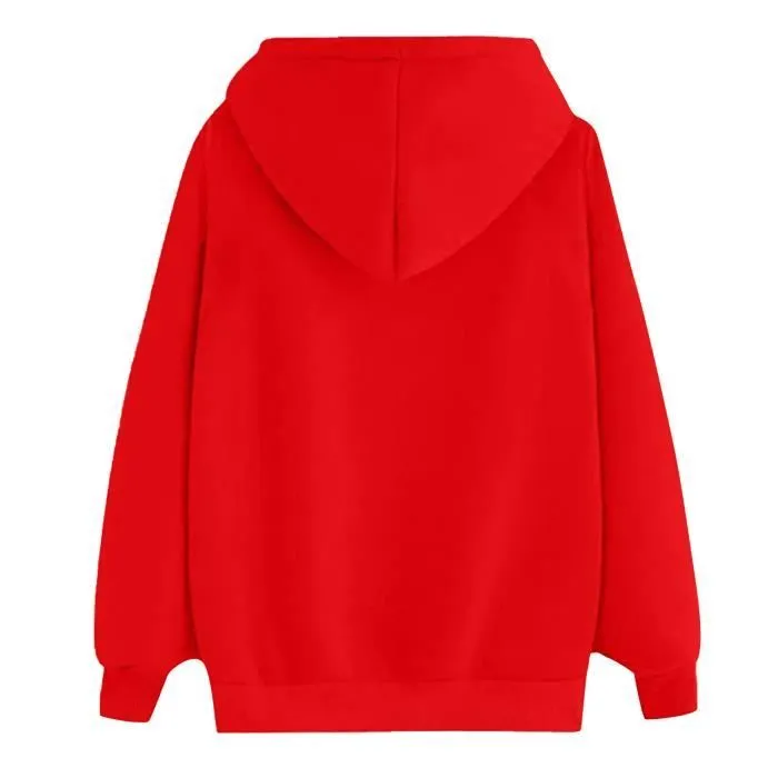 Mode féminine impression à manches longues poche pull chemise chemisier sweats à capuche Rouge A2-3