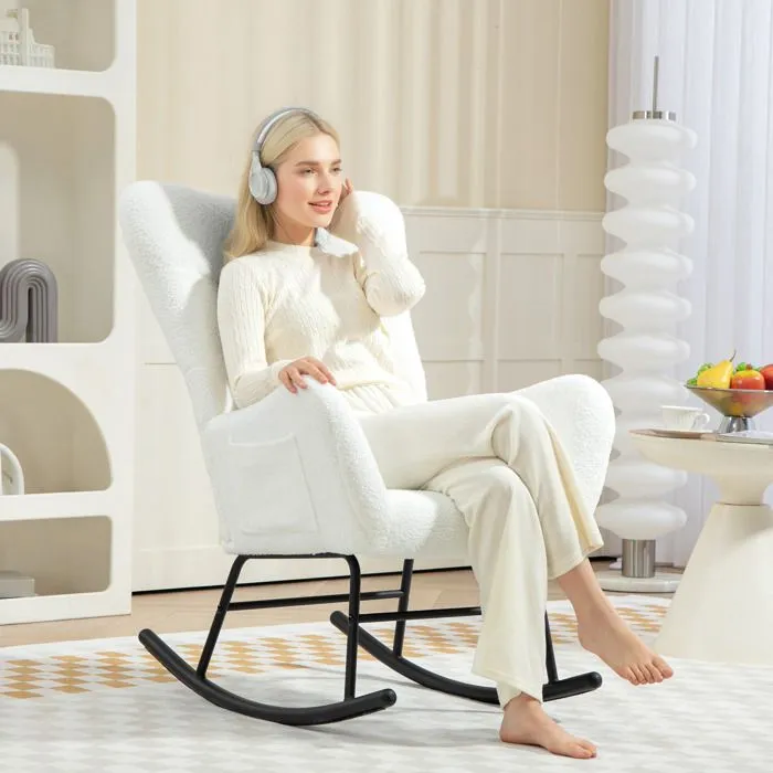 Fauteuil à bascule , avec rangement de poche ,Style Scandinave ,Salon,Chambre, Blanc-1