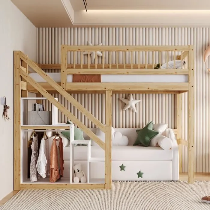 Lit mezzanine - Naturel - 90x200cm - Bois massif - Escalier avec rangement - 2 places-1